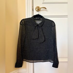 Zara Black Sheer Long Sleeve Blouse with White Dots size D